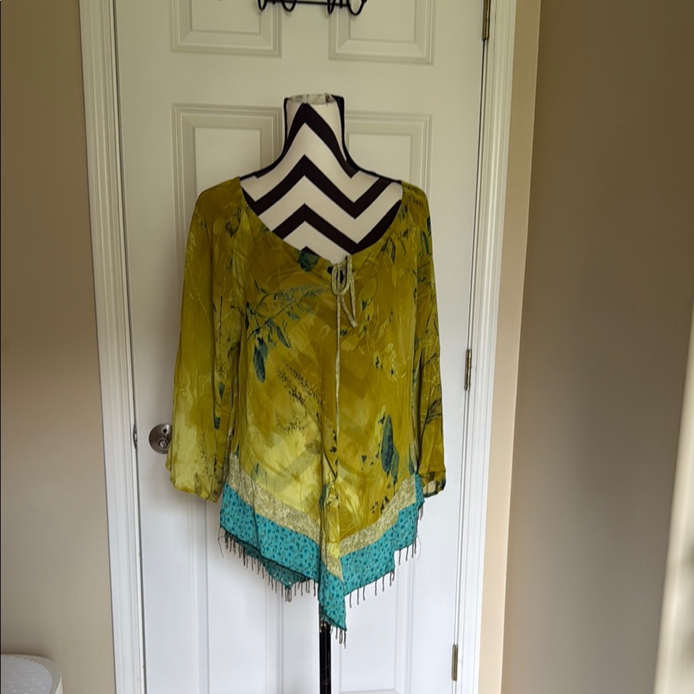 Vintage Women's Green Boho V-Neck Peasant Top with Fringe